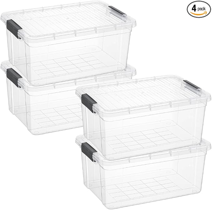Superio Storage Bins with Lids, Clear Plastic Containers for Organizing, Stackable Totes, BPA Free, Odor Free, Organizer Boxes for Home, and Dorm (4 Pack, 36 Qt)