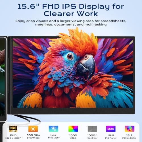 15.6" Laptop Screen Extender, Dual 1080P FHD IPS Portable Monitor for 13-17.3" Laptops, Plug and Play Triple Screen with USB-C HDMI, 300 Nits, 100% sRGB, Built-in Speakers for Work, Travel, Gaming