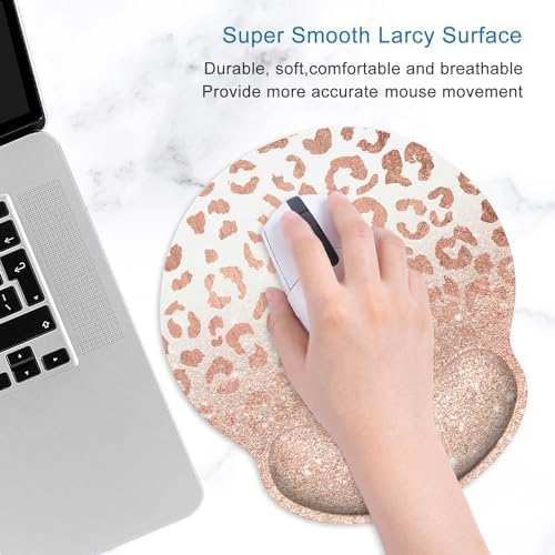 ITNRSIIET Ergonomic Mouse Pad with Wrist Support Wrist Rest Smooth Surface Non-Slip Rubber Base Comfortable Office Supplies Pain Relief, 9.8 x 9.1 inches, Rose Gold Leopard Print