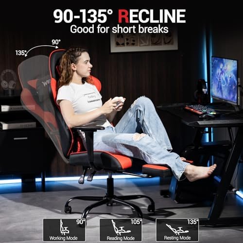 Gaming Chair with Footrest and Massage, PU Leather Video Game Computer Chair with Lumbar Support for Men Women, Home Office, Height Adjustable, Ergonomic High Back, Red