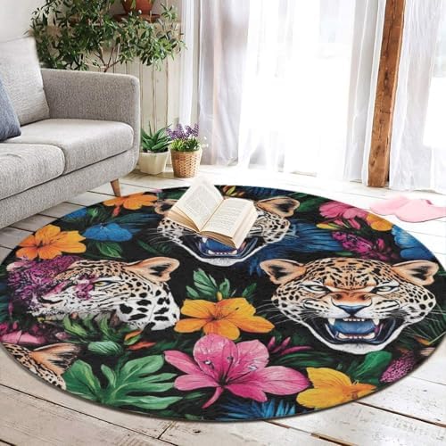 Home Decor Non Slip Kitchen Office Circle Rug, Machine Washable Modern Round Area Rug, Room Sofa Yoga Soft Round Carpet Jungle Florals Cheetah Leopard Print, 24inch