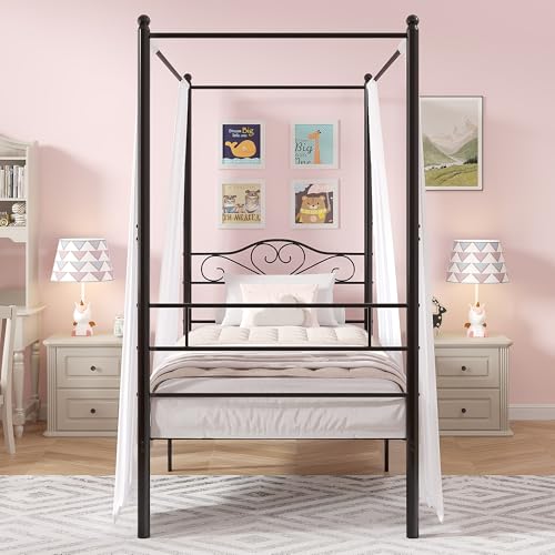 Twin Canopy Bed Frame, Heart-Shaped Headboard, Black