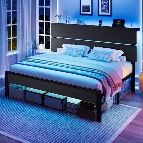 King Size Bed Frame, Led Light, Charging Station, Storage Shelf