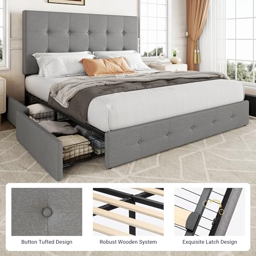 Storage Bed Frame with 4 Underbed Drawers, Upholstered Platform Bed with Adjustable Headboard, Easy Assembly, Noise-Free, No Box Spring Needed, Full Size, Square Button Tufted, Light Grey