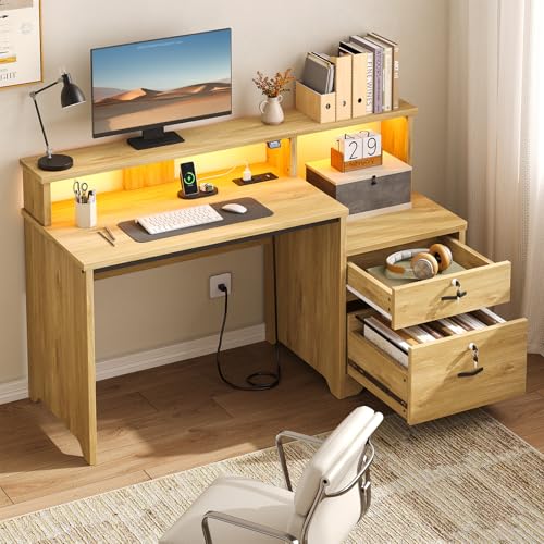 55-Inch Computer Desk with Power Outlets & LED Lights, Natural Oak