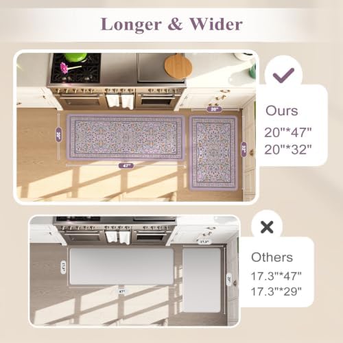 KIMODE Anti Fatigue Kitchen Mats,Purple Boho Floral Kitchen Rugs Sets of 2