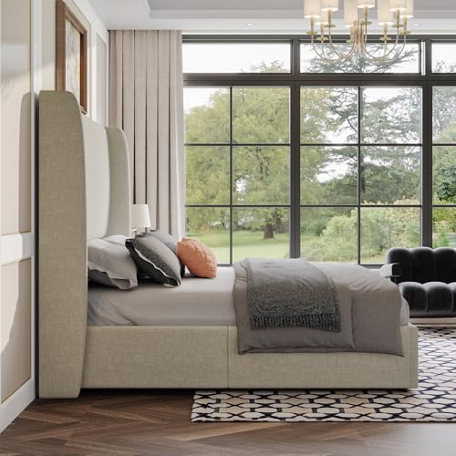 King Lift Up Storage Bed Frame Linen Wingback Headboard, Khaki