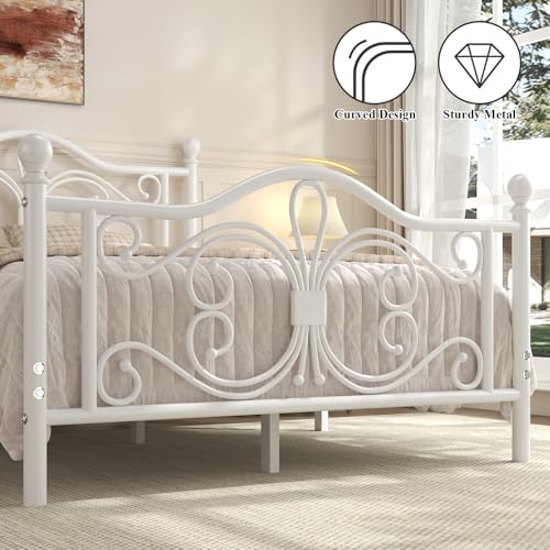 Full Size Bed Frame with Butterfly Pattern Design Headboard, White
