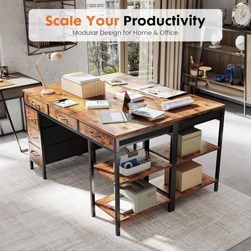 55 Inch Computer Desk with 6 Fabric Drawers, for Home Office Work