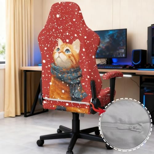 Christmas Cat Gaming Chair Seat Cover Holdiay Game Chair Slipcovers with 2 Armrest Covers, Scratch-Proof 4 PCS Gamer Desk Chair Covers Xmas Decor