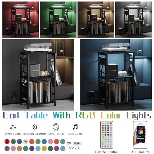 End Table with LED Light, Record Player Stand with Charging Station