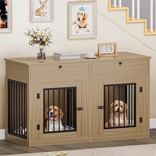 60" Dog Crate Furniture with Removable Divider & Storage Drawers