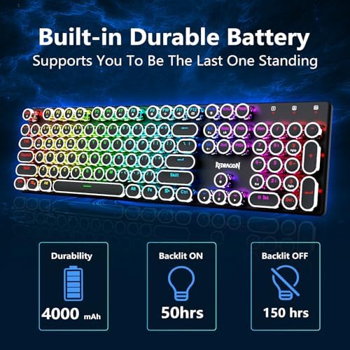 Redragon Wireless Typewriter Style Mechanical Gaming Keyboard, Black