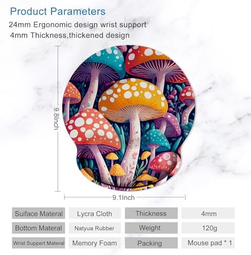 ITNRSIIET Ergonomic Mouse Pad with Wrist Support Wrist Rest Smooth Surface Non-Slip Rubber Base Comfortable Office Supplies Pain Relief, 9.8 x 9.1 inches, Mushroom