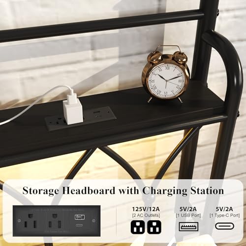 Full Size Metal Bed Frame with Storage Headboard, Charging Station, Black