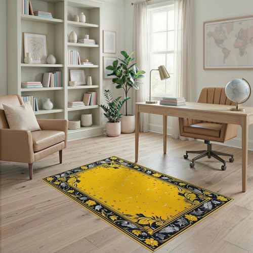 4'x6' Yellow Black Cat Golden Feline Motif Washable Area Rug