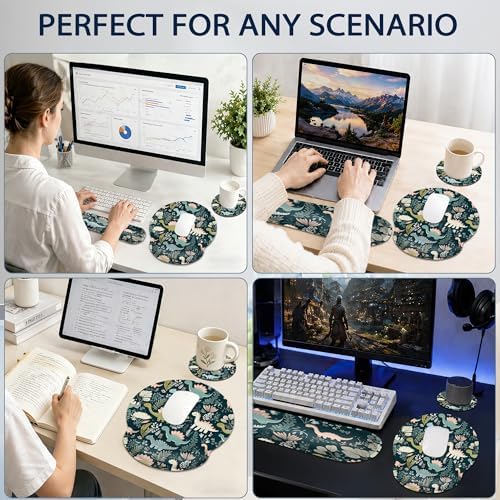 Cute Dinosaur Ergonomic Keyboard and Mouse Wrist Rest Set, Flower Mouse Pad with Non Slip Base, Soft Cloth Surface for Office and Home Typing Support