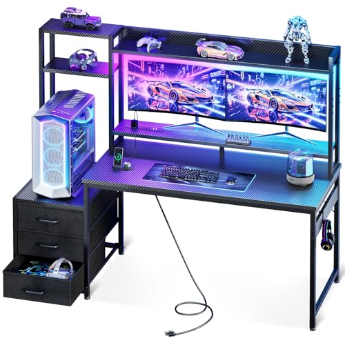 55 Inch Gaming Desk with Hutch & LED Lights & PC Tower Stand