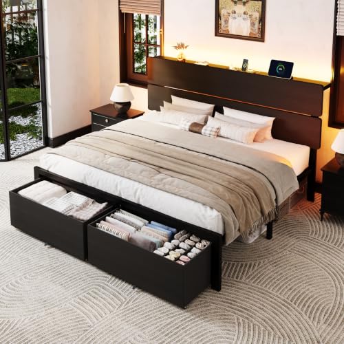 King Led Bed Frame, 2 Storage Drawers, Charging Station, Black