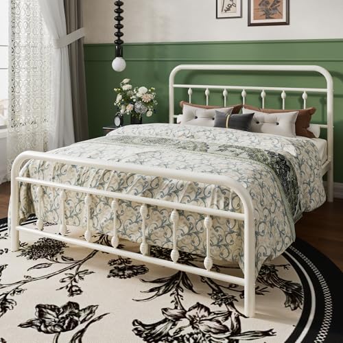 Full Metal Bed Frame with Victorian Iron-Art Headboard, Cream