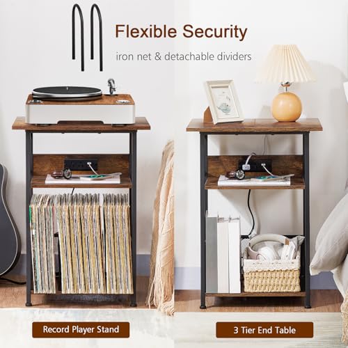 Record Player Stand with Charging Station, Vinyl Record Storage