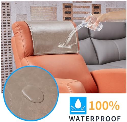 Non Slip Recliner Headrest Protector Washable Faux Leather Headrest Covers for Recliner Chair Waterproof Couch Head Rest Covers for Sofa,Furniture,Office Chair,Theater Seat (Taupe)