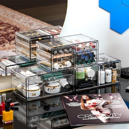 Cq acrylic Clear Stackable Storage Drawers,Plastic Makeup Organizer and Bathroom Storage Bins WIth 9 Drawers For Make up,Medicine,Craft,Pen,Beauty and Office Supply Organizer