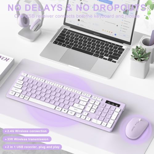 Wireless Keyboard and Mouse Combo Silent for Office and Home(Lilac)