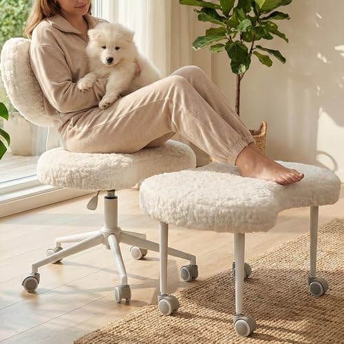 Cross Legged Chair with Footrest, Plus Size Criss Cross Office Chair, Memory Foam Cushion, Armless Swivel Desk Chair with Wheels, Active Sitting for Home Office,Artificial Rabbit Fur