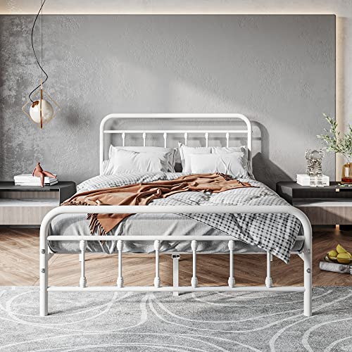 Full Size Bed Frame with Headboard and Footboard Vintage Metal White