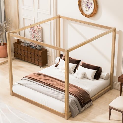 Modern King Size Wood Canopy Bed Floor Platform Bed Frame/No Box Spring Needed/Easy Assembly, Nutural