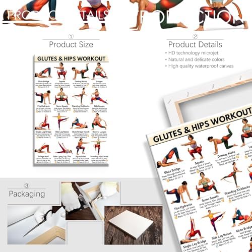 Glutes & Hips Workout Exercise Poster, 16 Illustrated Lower Body Training Moves Chart with Rep Ranges, Bodyweight Butt & Hip Tutor Guide for Home Gym Beginner Fitness Training and Glute Sculpting Reference(12x18inchs，Wrapped Framed)