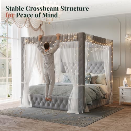 Queen Canopy Bed Frame Velvet Upholstered Headboard, Grey
