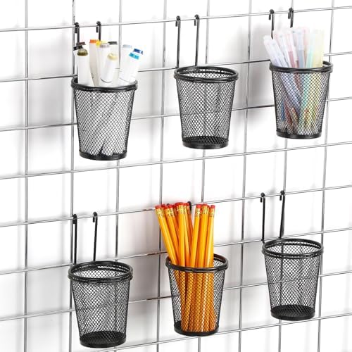 6 Sets Grid Wall Cups with Ring Hooks, hanging pencil holder Wall Mount Wire Grid Panel Pen Holder Organizer gridwall Accessories for Office Home Garage