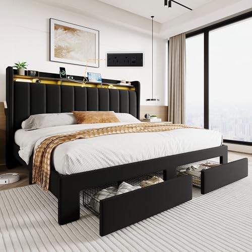 King Size Platform Bed Frame with Wingback Headboard