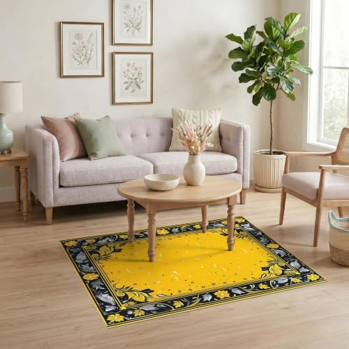 4'x6' Yellow Black Cat Golden Feline Motif Washable Area Rug