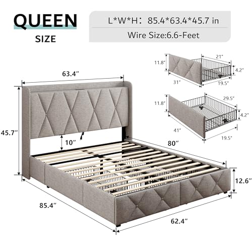 Queen Bed Frame with 4 Storage Drawers, Upholstered Platform Bed Frame with Charging Station, Modern Wingback Storage Headboard, Easy Assembly, Light Grey