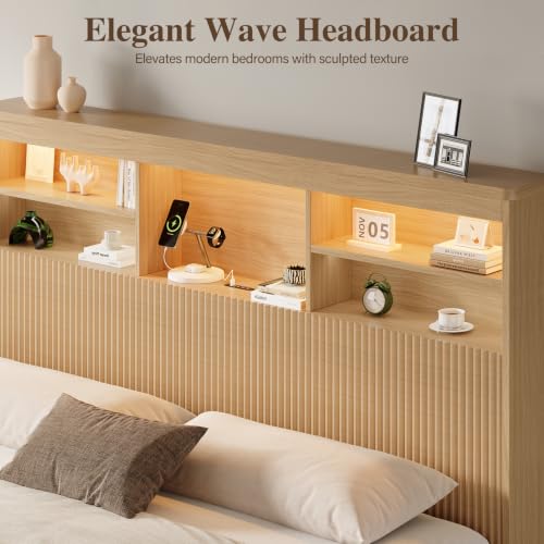 King Size Bed Frame with 4 Storage Drawers, Natural