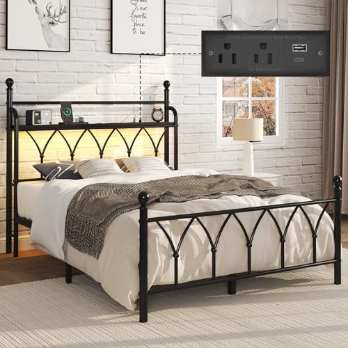 Full Size Metal Bed Frame with Storage Headboard, Charging Station, Black