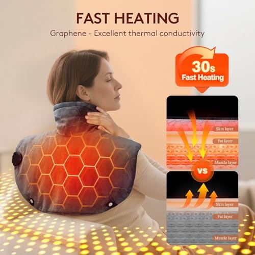 Far Infrared Heating Pad for Neck and Shoulders and Back - 6X Deeper Pain Relief, Graphene 30s Fast Heat, 8 Heat Setting, 16 Timer, Automatic Memory, Weighted Heating Pads Gift for Women&Men (Grey)