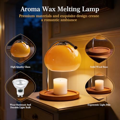Topyond Aroma Wax Melting Lamp, Retro Wood Glass Candle Warmer，Yellow