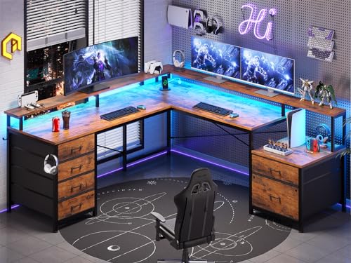 L Shaped Computer Desk with 6 Drawer, File Drawer & Power Outlet