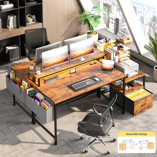57" Office Desk with Drawers & Printer Space for Home Work,Brown