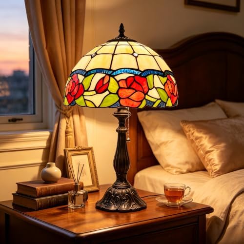 Tiffany Stained Glass Lamp Border Red Rose Table Lamp