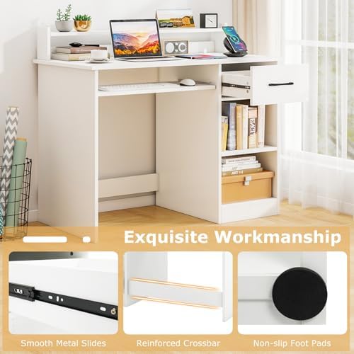 Tangkula White Desk with Drawer & Keyboard Tray, Home Office Desk with Built-in Charge Station & Adjustable Shelf, Study Writing Table with Hutch, Modern Computer PC Workstation