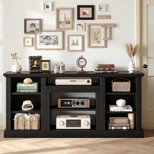 Farmhouse TV Stand with Adjustable Shelves & Open Storage, Black