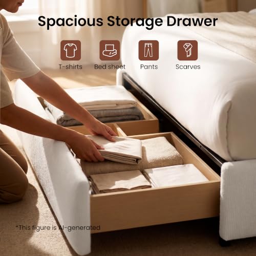 Queen Upholstered Bed Frame with Extended Headboard, Beige