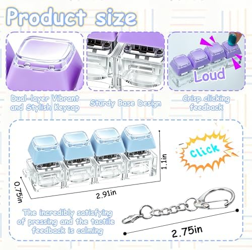 2 PCS Keyboard Fidget Toy, Double Layer Keycap Keyboard Fidget Keychain 4-in-1 Keyboard Decompression Button Finger Clicker Toys, Portable Tactile Button Sensory Toys Stress Relief Gifts（Purple Blue）