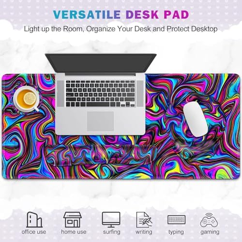 Gaming Mouse Pad, Large Desk Mat, Cute Desk Pad Protector, 4in1 XXL Mousepad + Keyboard Wrist Rest+Mouse Wrist Rest+Coaster Set with Ergonomic Desk Pad for Home Office Computer, Dazzling Bright Color