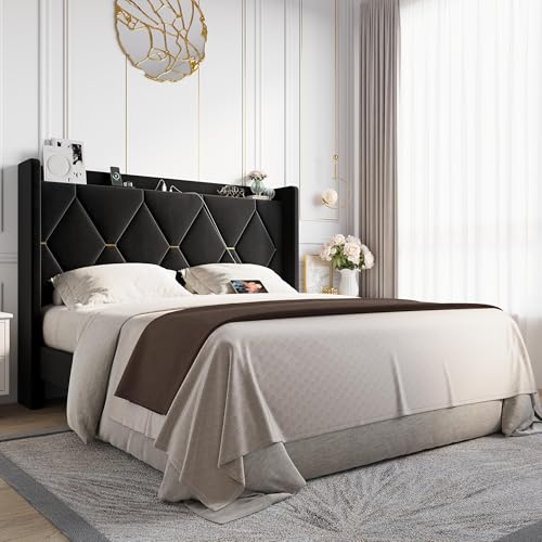 Queen Size Bed Frame with Storage Shelf & Charging Station, Black